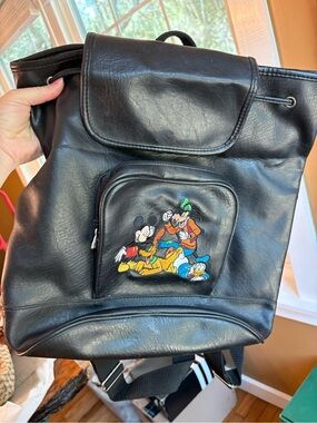 Black Faux Leather Backpack with Embroidered Disney Characters